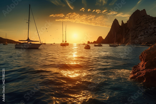 Amazing yachts in azure waters at sunset in France