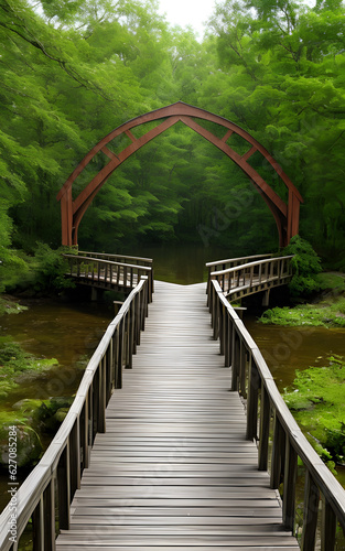Realistic 3d environment of illustration wooden bridge in the nature for background