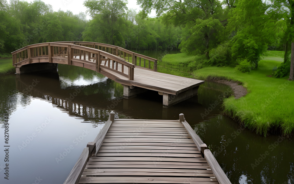 Realistic 3d environment of illustration wooden bridge in the nature for background