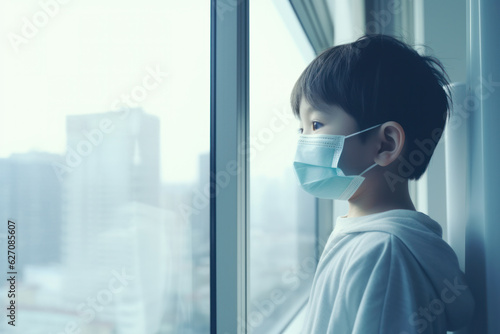 a boy watching out with mask