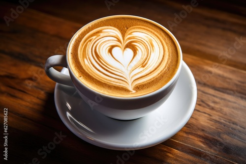 Cappuccino with latte art heart, top view cup of coffee, generative AI
