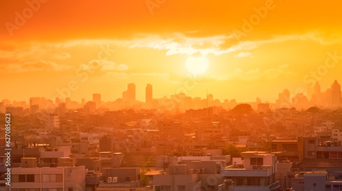 Summer sun blur golden hour hot sky at sunset with city rooftop view in the background fuzzy urban warm bright heat wave lights skyline heatwave bokeh for evening part. Generative AI