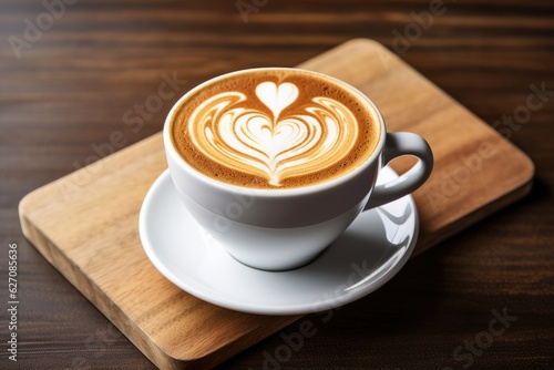 Latte art design, cup of cappuccino on a wooden board, generative AI