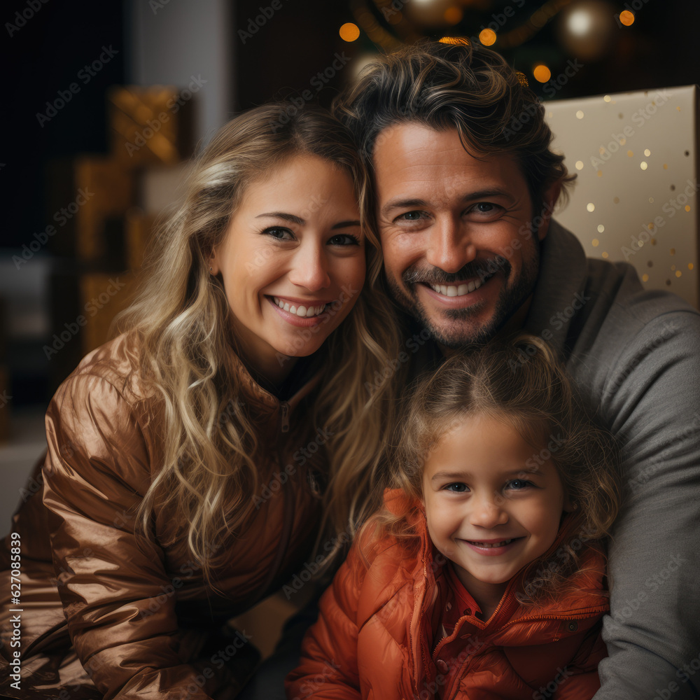 Warm Festive Family: A cheerful family portrait with beaming smiles, a beautifully decorated Christmas tree, and a cozy atmosphere illuminated by Christmas lights. AI Generative Warm Festive Family: A cheerful family portrait with beaming smiles, a beautifully decorated Christmas tree, and a cozy atmosphere illuminated by Christmas lights. AI Generative