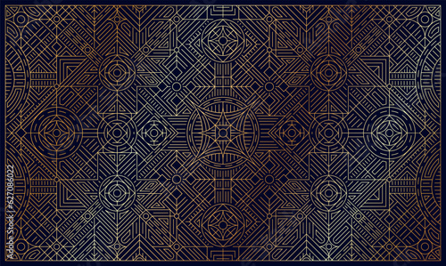 Abstract geometric banner. Luxury poster with golden shining pattern or orgamet for brochures and holiday invitations. Art deco purple cover in line art style. Cartoon flat vector illustration