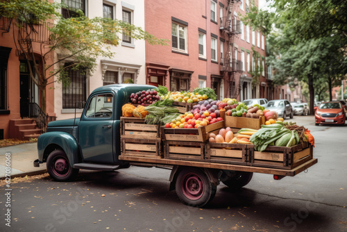 Farm to table delivery service bringing farm-fresh produce to city dwellers with a delivery truck carrying crates of vibrant fruits and vegetables