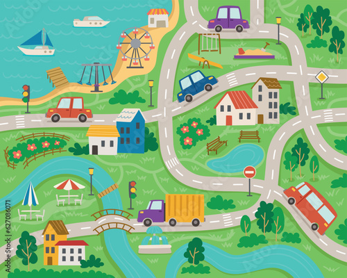 Road map of my city. Roads and streets with cute cars and buses, beach and sea, attractions and houses, river and trees. Colorful design for kids play roll mat. Cartoon flat vector illustration