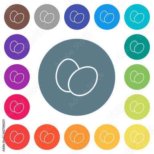 Two eggs outline flat white icons on round color backgrounds