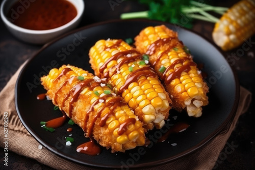 Fried cob corn with vegan sauce top view Tasty food conception