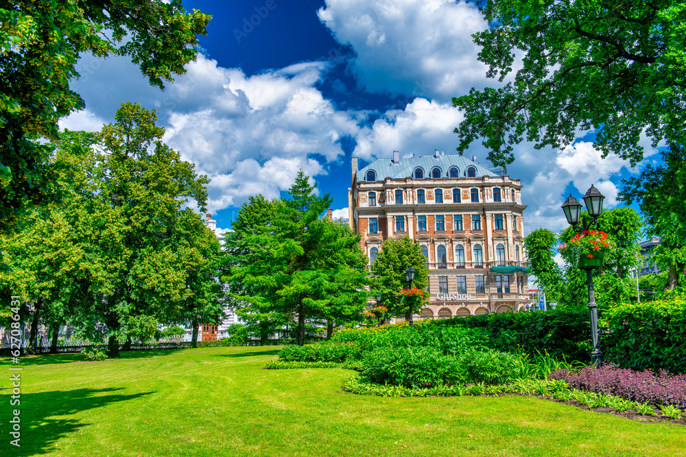 Riga, Latvia - July 8, 2017: Riga park on a sunny summer day