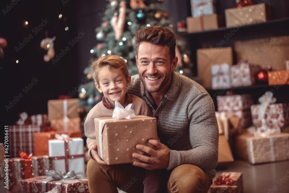 Enchanting Christmas Gathering: A delightful father and son portrait featuring smiles, a Christmas tree adorned with presents, and a cozy ambiance with Christmas lights. AI Generative Enchanting Christmas Gathering: A delightful father and son portrait featuring smiles, a Christmas tree adorned with presents, and a cozy ambiance with Christmas lights. AI Generative
