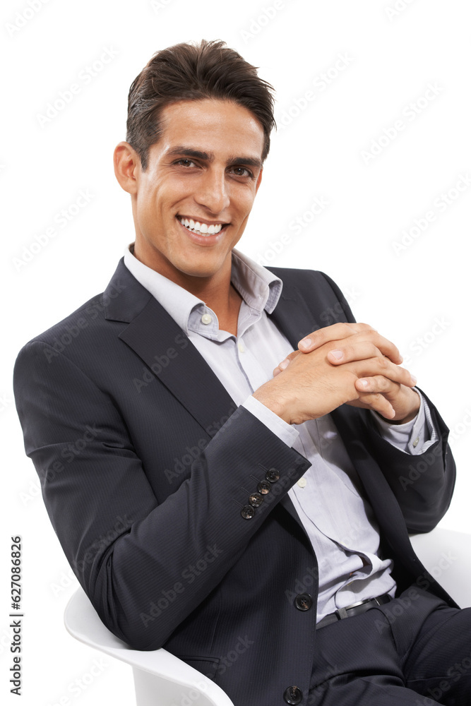 Confidence in the business world. Portrait of a confident looking young businessman sitting in an office chair.