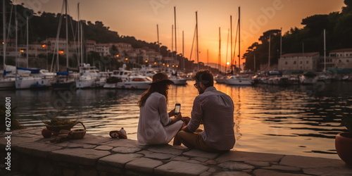 romantic couple relaxing on promenade and watching beautiful sunset and make photo on mediterranean sea port with boat summer vacation and travel 