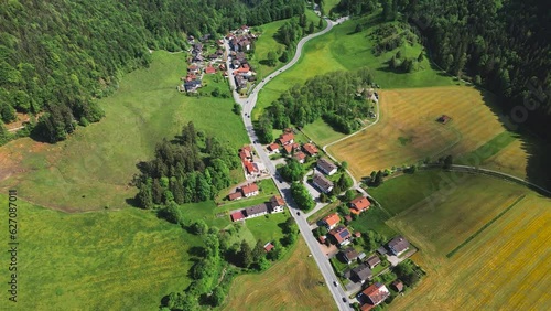 Scenic aerial view of village in Bavarian Alps, Ettal, Germany.