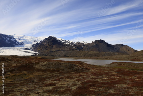 View of the Svínafellsjökull which is an Icelandic glacier constituting a glacial tongue of the Vatnajökull , located in the south of Iceland