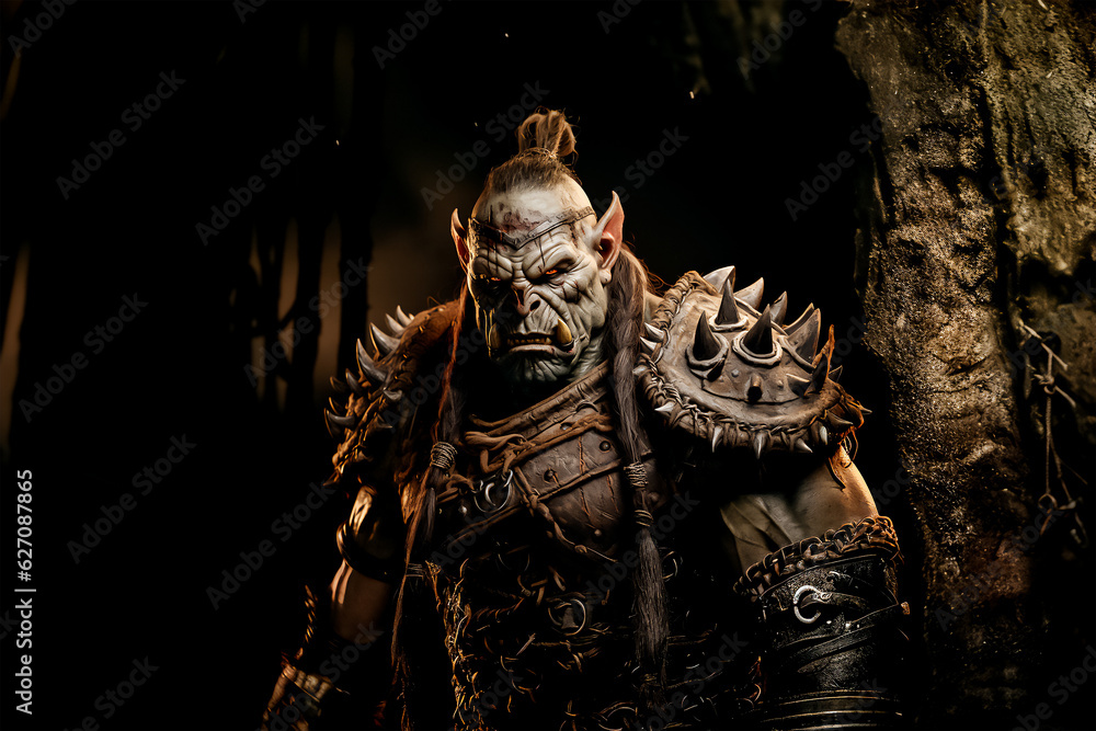 Angry orc chief warriorwith spike armour in cinematic lights