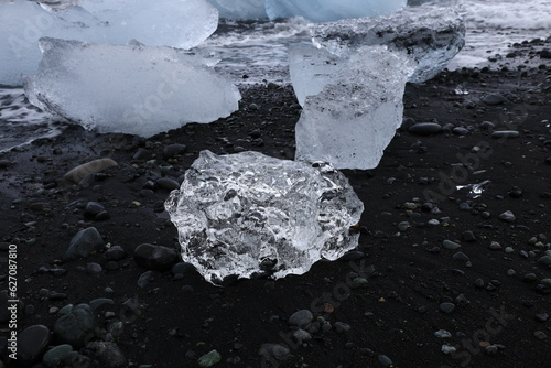 View of a block of ice on diamond beach located in south iceland