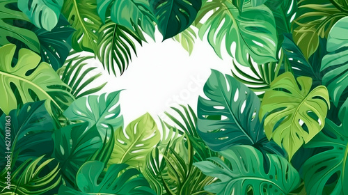 Tropical leaves background, banner with green floral pattern. Generative AI