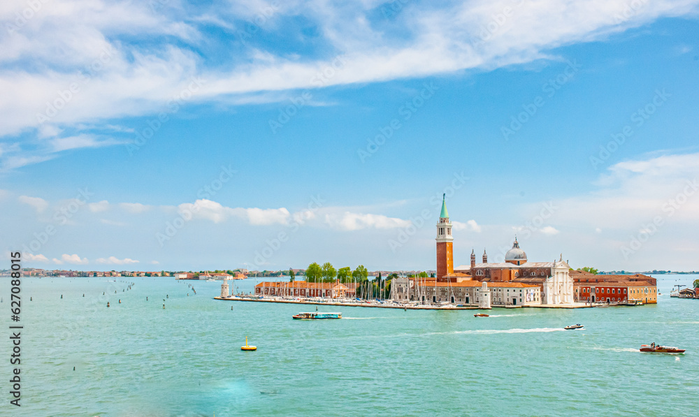 Front view, far distance of, St. Marks cathedral and all the historic building on Venice island, Italy blue sky, 