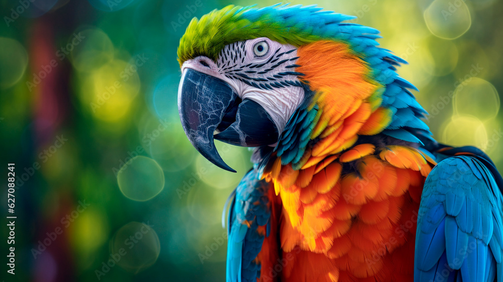 Fototapeta premium Tropical macaw perched, vibrant feathers in focus. Generative AI