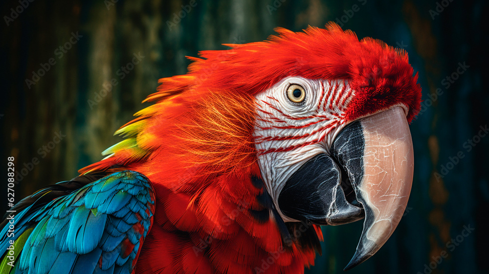 Fototapeta premium Tropical macaw perched, vibrant feathers in focus. Generative AI