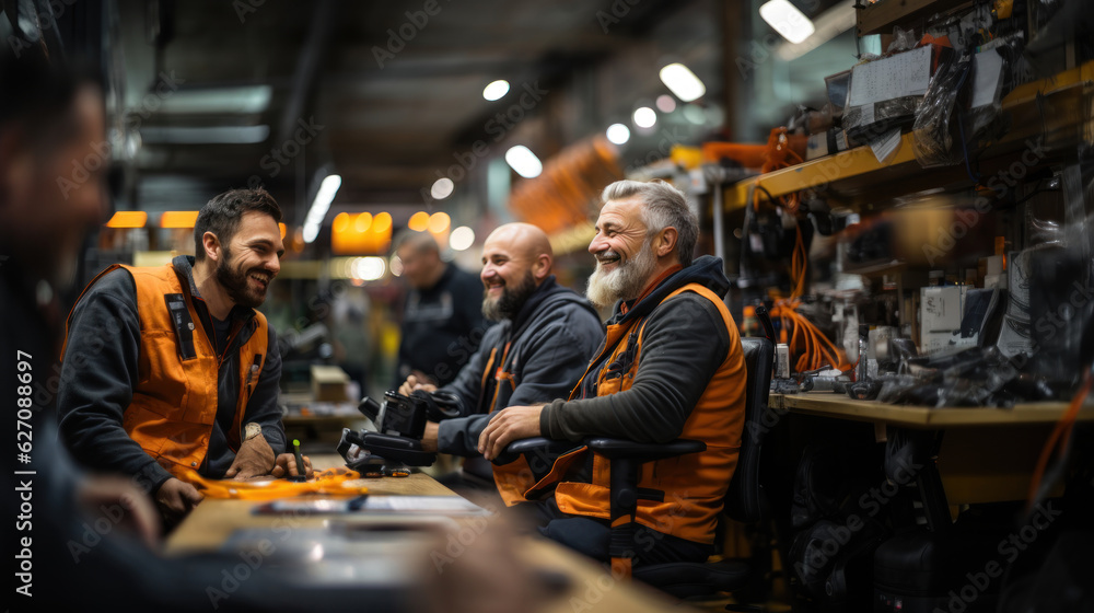 Mechanic group have rest in a workshop. Mechanic group have rest in a workshop.