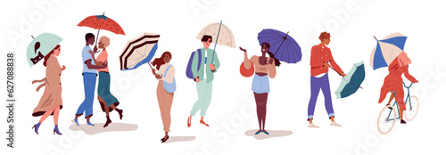 People walking with umbrellas. Characters walk down street and ride bike in warm and cold rainy weather. Happy men and women hold parasols. Cartoon flat vector collection isolated on white background