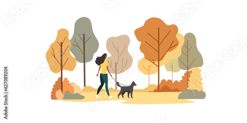Woman walks with a dog in an autumn park. Concept of lifestyle, friendship, commitment, outdoor activities. Flat illustration.