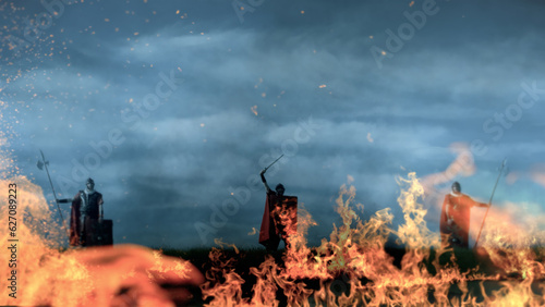 Photography Three Roman soldiers declare victory on a battlefield engulfed in flames and heat on a cloudy day