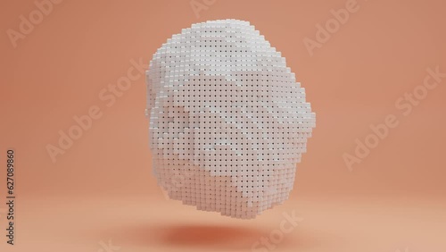 Loop 3d animation of a pixelated white cloud, a crumpled sphere of many cubes on a pink background. The cloud changes the shape and size of the cubes. The idea of digital technologies and NFT art.