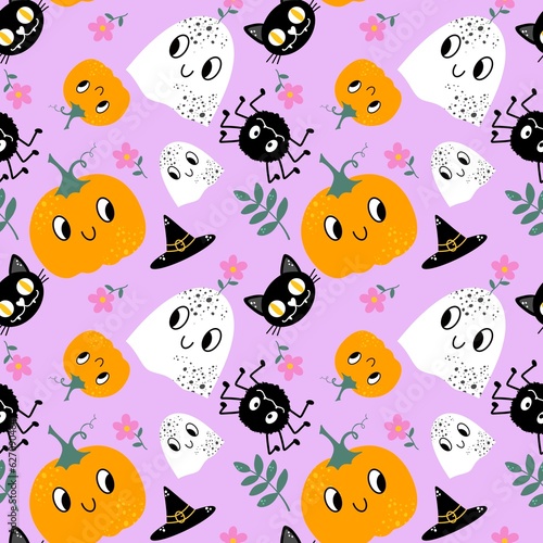 Cartoon Halloween seamless pumpkins and ghost pattern for wrapping paper and fabrics and kids clothes print