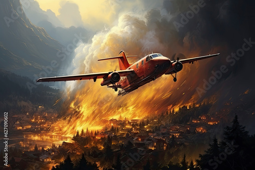 In a critical situation, a plane swoops over the fire, alarming scene of blazing destruction. Summer hot day. Generative Ai.