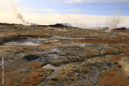 Hverarönd is a hydrothermal site in Iceland with hot springs, fumaroles, mud ponds and very active solfatares. It is located in the north of Iceland, east of the town of Reykjahlíð