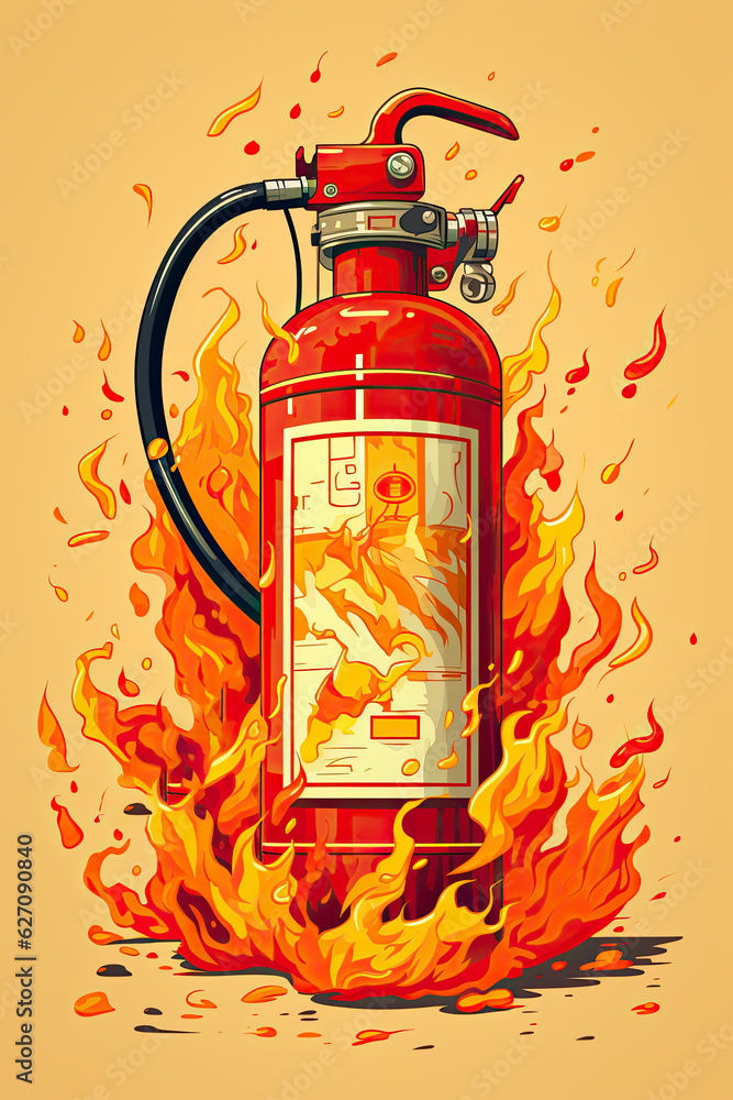 Fototapeta premium Illustration of a fire extinguisher surrounded by fire. Cream background. Studio light. Generative Ai.
