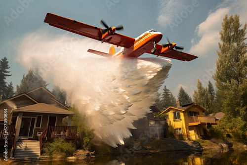 In a critical situation, a plane or Canadair swoops over the fire, dousing it with water to save homes amidst an alarming scene of blazing destruction. Summer hot day. Generative Ai.