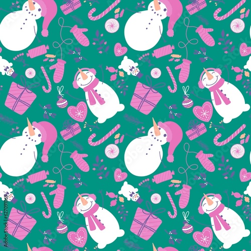 Fototapeta Naklejka Na Ścianę i Meble -  Christmas snowman seamless candy and flower and gift box and gloves pattern for wrapping paper and fabrics