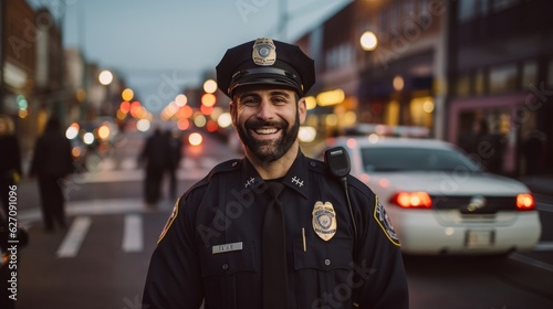 Photo A policeman in the street smiling for the camera