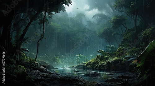 Rain in the tropical forest. Generative AI