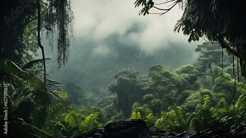 Rain in the tropical forest.