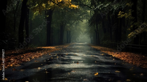 Road in the autumn rainy forest. Generative AI