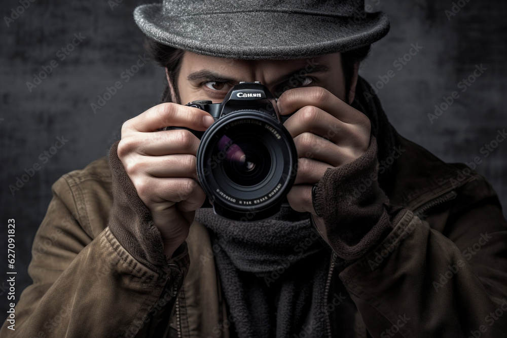 Obraz premium World photography day. Photo, its history and photographers. Technology, hobby and work. Creativity and beautiful picture made by photo camera. Equipment for paparazzi.