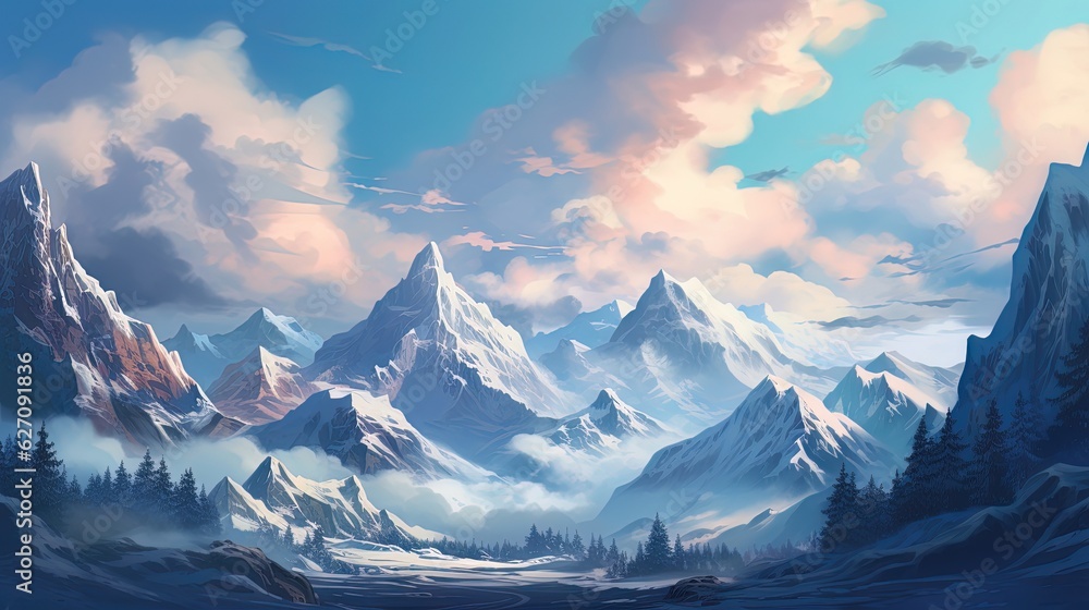 Fantasy winter landscape with snow-capped mountains. Generative AI