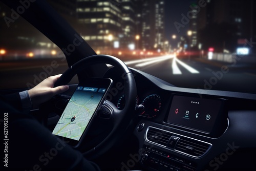While driving in the city at night, a man uses a GPS app on his smartphone to search for a destination or address.