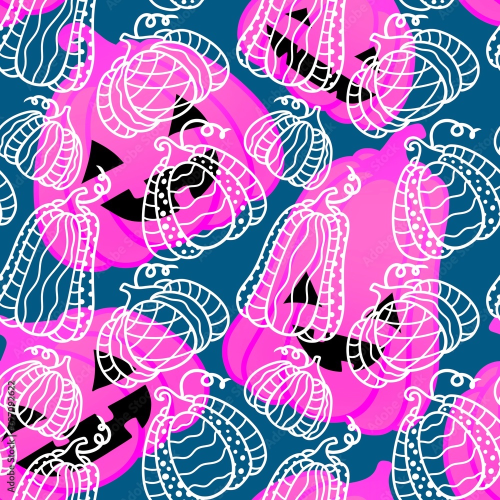 Fototapeta premium Autumn harvest seamless cartoon pumpkins Halloween pattern for wrapping paper and fabrics and linens