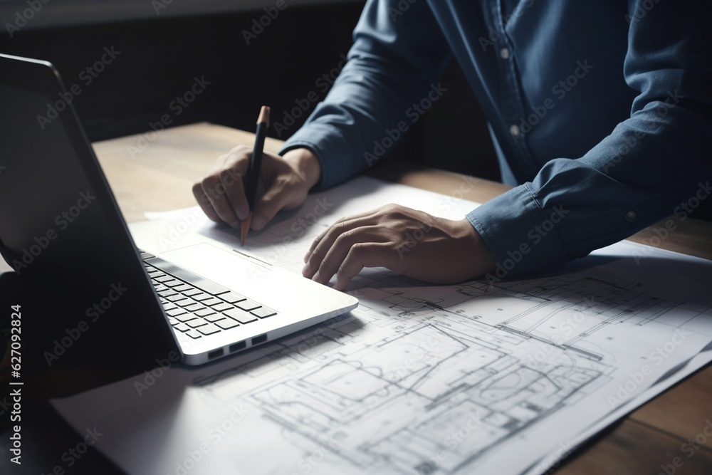 Fototapeta premium Male engineer or architecture man working on laptop and plans