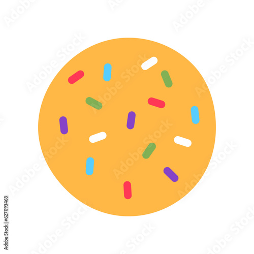 Yellow cookie with colorful sugar sprinkles isolated on white background. Gourmet crispy snack meal sign or logo flat design. Baked wholemeal wheat dessert. Minimal homemade food vector illustration.