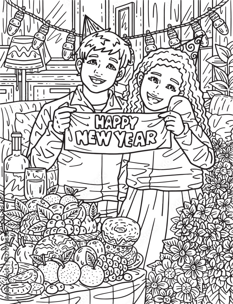 Children Holding New Year Banner Adults Coloring
