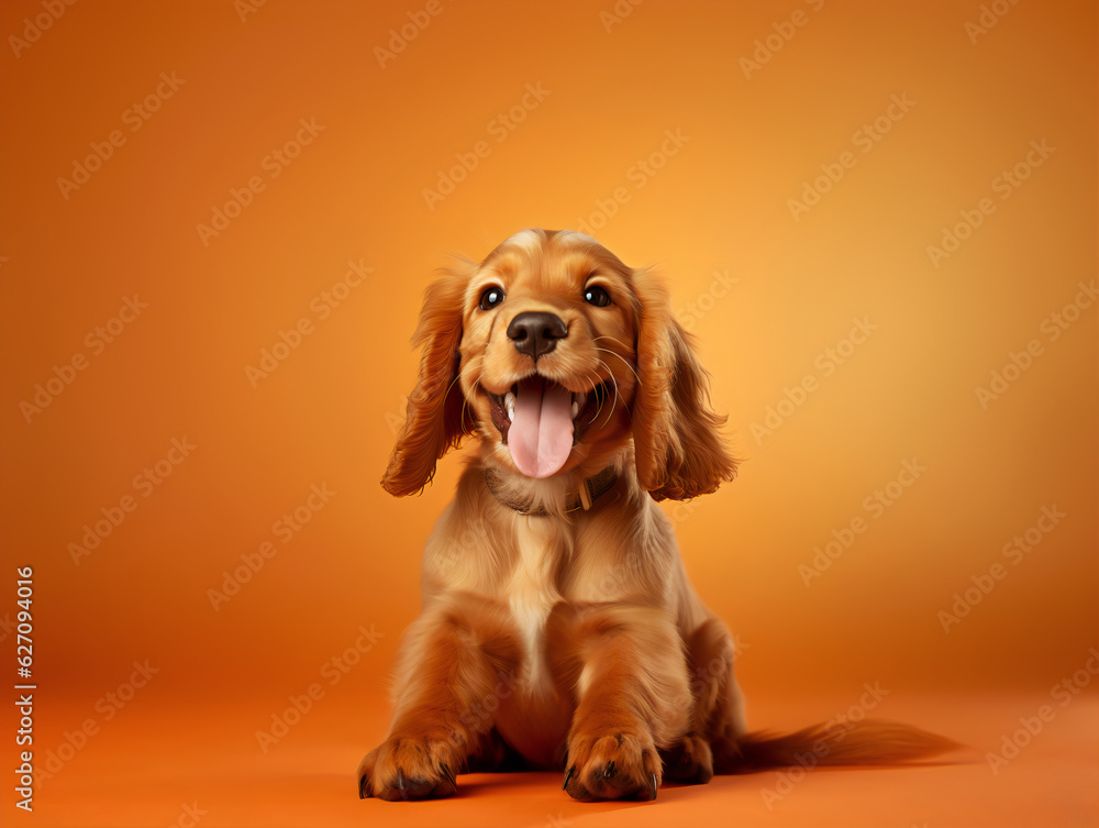 English cocker spaniel puppy sitting on a light orange background