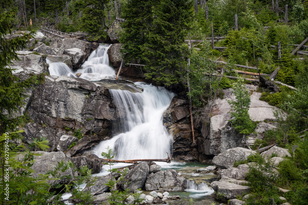 Naklejka premium Long waterfall on Cold water creek close to Hrebienok in High Tatras National Park, Slovakia