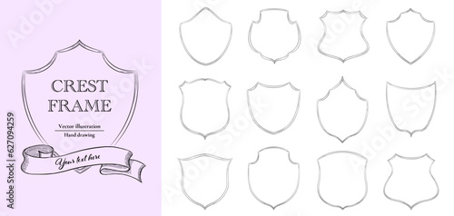 Crest frame set. Vintage style black line vector design.